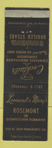 Matchbook Cover - Leonard & Mary's Rosemont Burbank CA restaurant