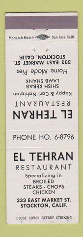 Matchbook Cover - El Tehran Restaurant Stockton CA