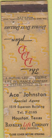 Matchbook Cover - Ace Johnston Insurance Houston TX POOR