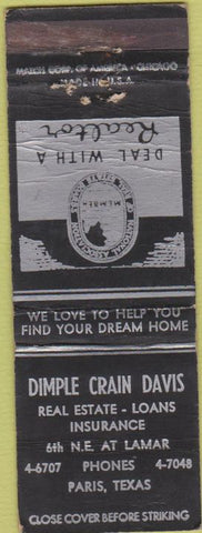 Matchbook Cover - Dimple Crain Davis Real Estate Paris TX WORN