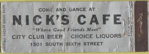 Matchbook Cover - Nick's Cafe NO TOWN POOR