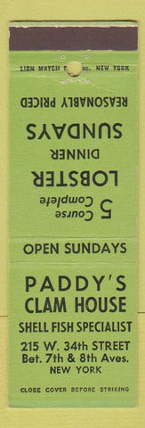 Matchbook Cover - Paddy's Clam House New York City