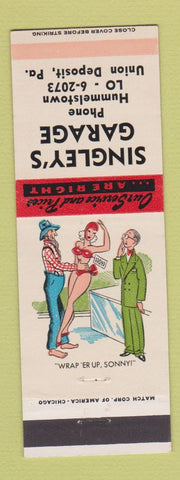 Matchbook Cover - Singley's Garage Union Deposit PA hillbilly
