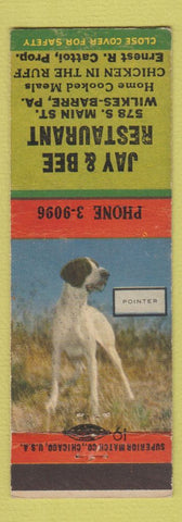 Matchbook Cover - Jay & Bee Restaurant Wilkes Barre PA Pointer