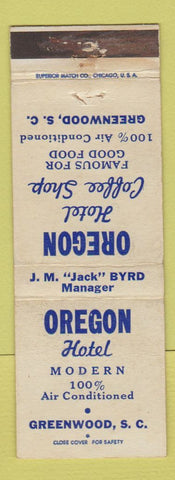 Matchbook Cover - Oregon Hotel Greenwood SC
