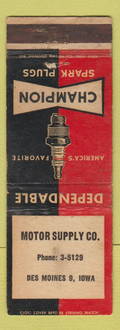 Matchbook Cover - Champion Spark Plugs Motor Supply Des Moines IA WEAR