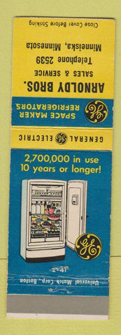 Matchbook Cover - GE General Electric Arnoldy Bros Minneiska MN Appliances