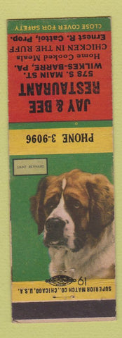 Matchbook Cover - Jay & Bee Restaurant Wilkes Barre PA Saint Bernard