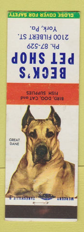 Matchbook Cover - Beck's Pet Shop York PA Great Dane