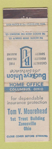 Matchbook Cover - Buckeye Union Insurance Tom Moorehead Zanesville OH WEAR
