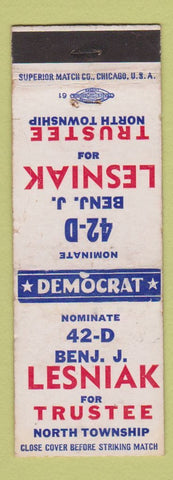 Matchbook Cover - Benjamin Lesniak Trustee North Township election WEAR