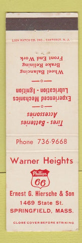 Matchbook Cover - Warner Heights Phillips 66 oil gas Springfield MA