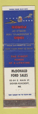 Matchbook Cover - 1960 Ford McDonald Dover Foxcroft ME WEAR