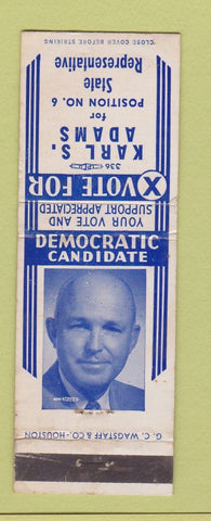 Matchbook Cover - Karl Adams State Rep Election TX