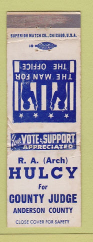 Matchbook Cover - RA Arch Hulcy County Judge Election Anderson WORN