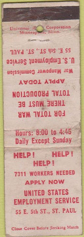 Matchbook Cover - United States Employment Service St Paul MN WORN