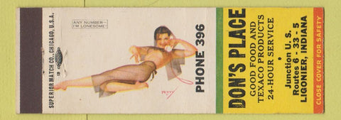 Matchbook Cover - Don's Place Texaco oil gas Ligonier IN pinup