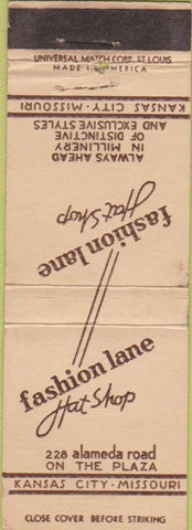 Matchbook Cover - Fashion Lane Hat Shop Kansas City MO