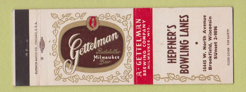 Matchbook Cover - Gettelman Beer Hepfner's Bowling Brookfield WI