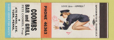 Matchbook Cover - Coombs Bar and Grill York PA pinup