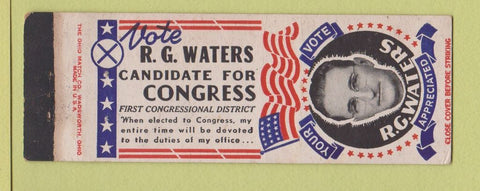 Matchbook Cover - RC Waters Congress Election TX WEAR