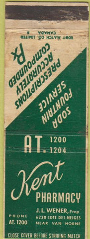 Matchbook Cover - Kent Pharmacy Drugs Canada WEAR