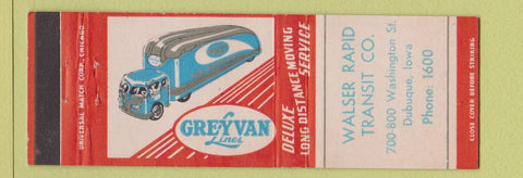 Matchbook Cover - Walser Rapid Transit Grey Van Lines Trucking Dubuque IA