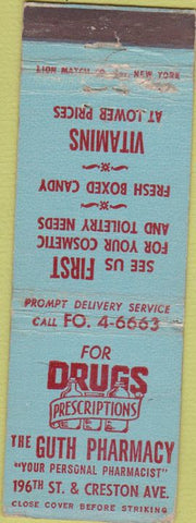 Matchbook Cover - Guth Pharmacy Bronx NY WEAR