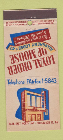 Matchbook Cover - Moose Lodge Pittsburgh PA 21 Strike Feature