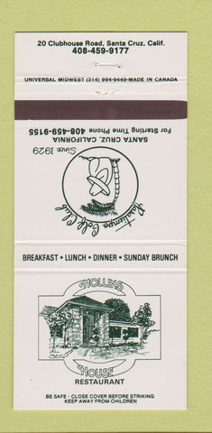 Matchbook Cover - Hollins House Restaurant golf Santa Cruz CA 30 Strike