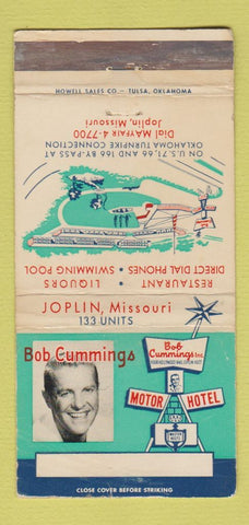 Matchbook Cover - Bob Cummings Motor Hotel Joplin MO Route 66 WEAR 30 Strike