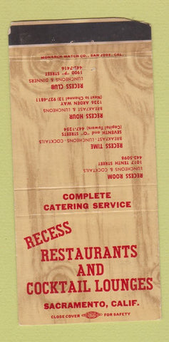 Matchbook Cover - Recess Restaurants Sacramento CA WORN 30 Strike