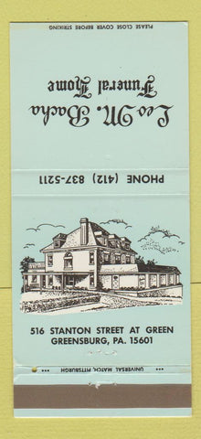 Matchbook Cover - Leo M Bacha Funeral Home Greensburg PA 30 Strike
