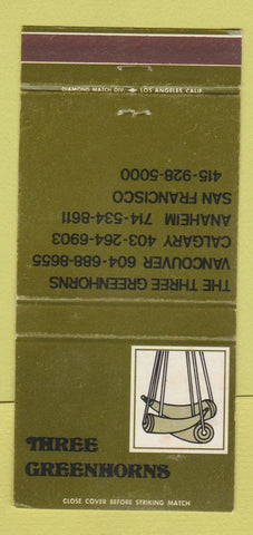 Matchbook Cover - Three Greenhorns Vancouver BC Calgary AB Anaheim 30 Strike