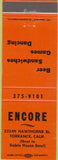 Matchbook Cover - Encore Torrance CA bar restaurant