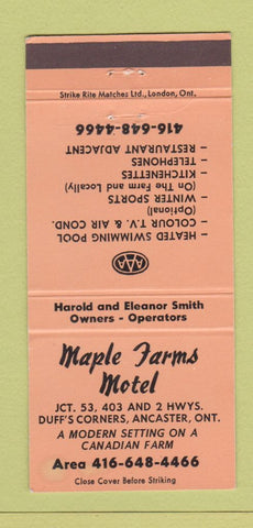 Matchbook Cover - Maple Farms Motel Ancaster ON 30 Strike