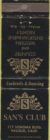 Matchbook Cover - San's Club Vallejo CA WEAR