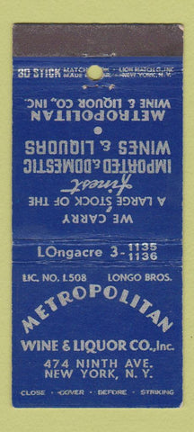Matchbook Cover - Metropolitan Wine Liquor New York City 30 Stick