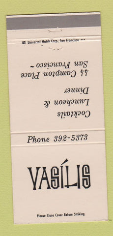 Matchbook Cover - Vasilis Restaurant San Francisco CA 30 Strike