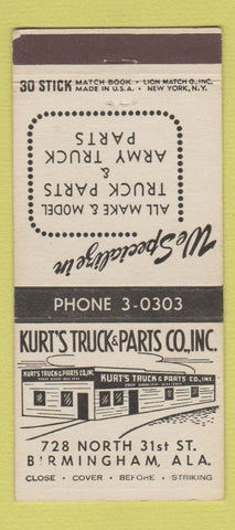 Matchbook Cover - Kurt's Truck Parts Birmingham AL 30 Stick