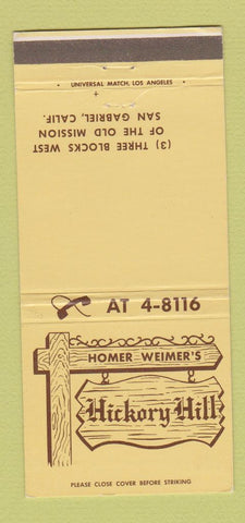 Matchbook Cover - Homer Weimer's Hickory Hill San Gabriel CA 30 Strike