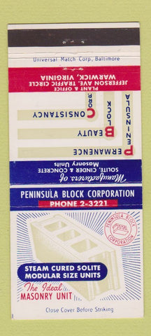 Matchbook Cover - Peninsula Block Corp Warwick VA 30 Strike