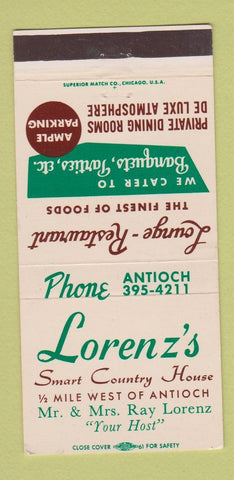 Matchbook Cover - Lorenz's Restaurant Antioch IL 30 Strike