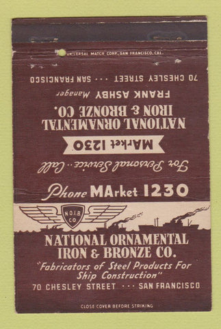 Matchbook Cover - National Ornamental Iron Bronze San Francisco CA 40 Strike