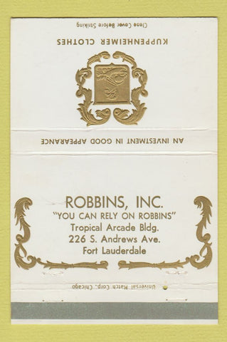 Matchbook Cover Kuppenheimer Men's Clothes Robbins Fort Lauderdale FL 40 Strike