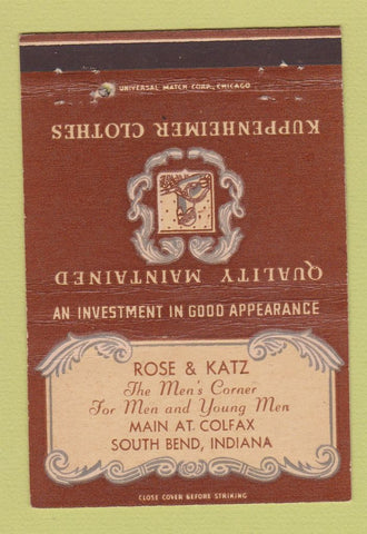 Matchbook Cover - Kuppenheimer Men's Clothes Rose Katz South Bend IN 40 Strike