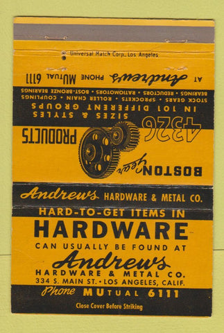 Matchbook Cover - Hardware Boston Gear Los Angeles CA Andrews 40 Strike