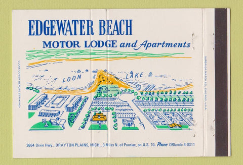 Matchbook Cover - Edgewater Beach Motor Lodge Drayton Plains MI 40 Strike