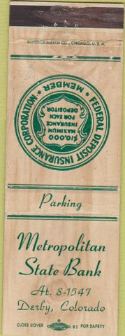 Matchbook Cover - Metropolitan State Bank Derby CO