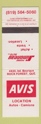 Matchbook Cover - Avis Car Rentals Rock Forest QC